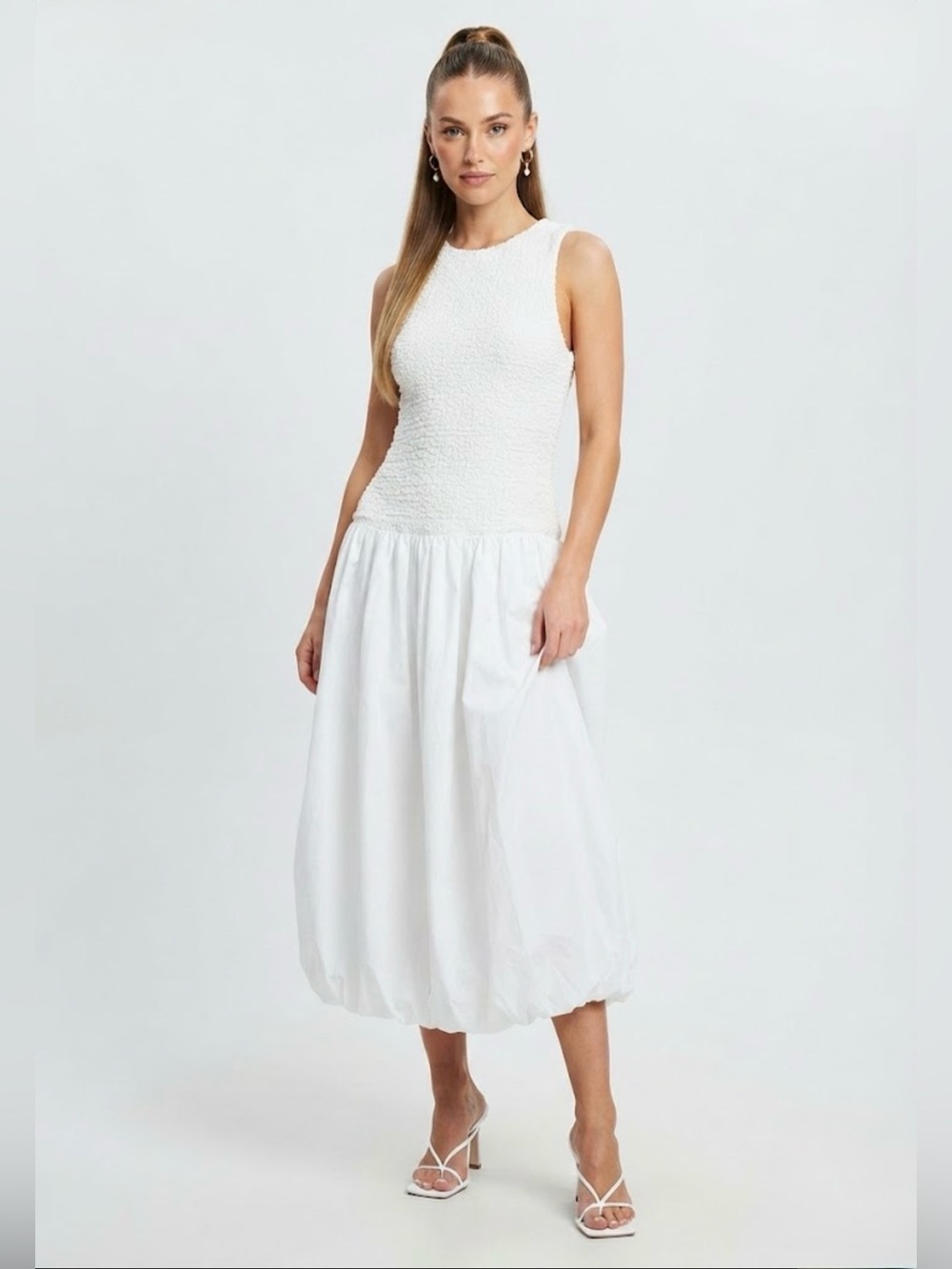 NWT Zara White Textured Poplin Bubble Hem Midi Dress Size M